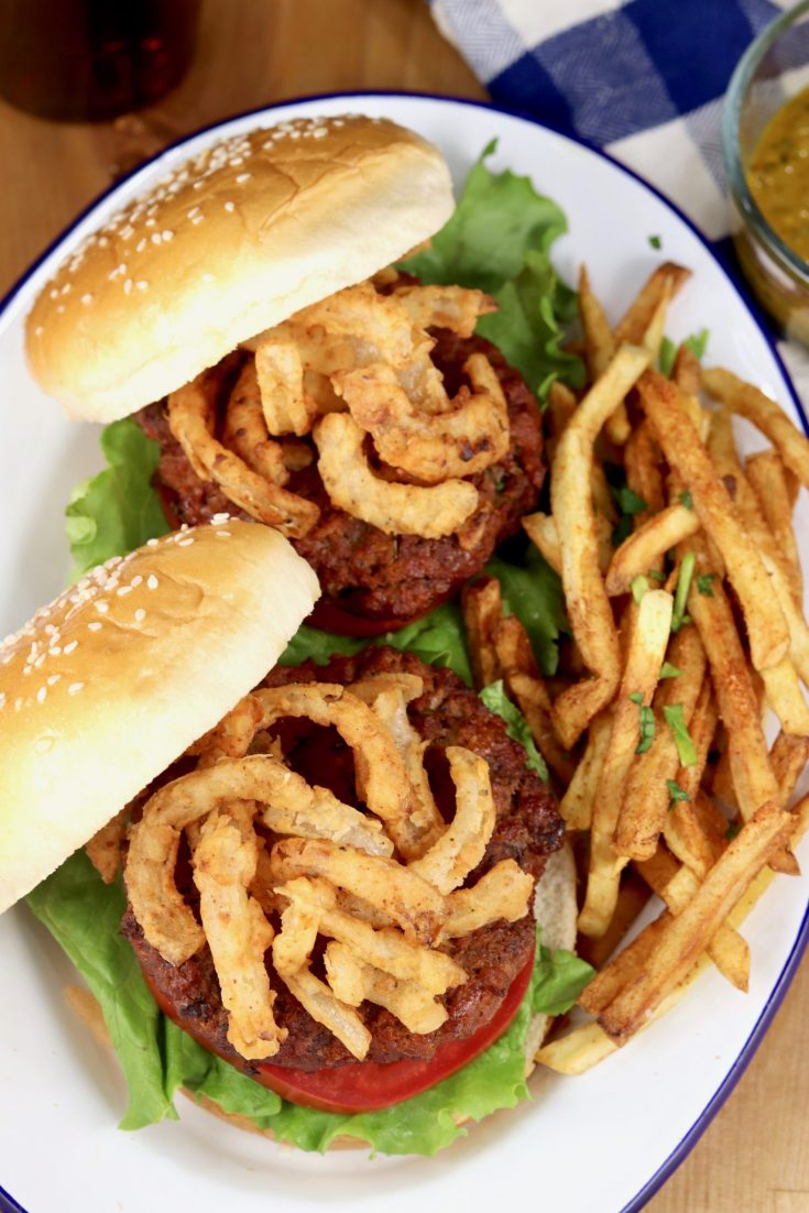 Mustard BBQ Sauce Burgers with onion strings and fries
