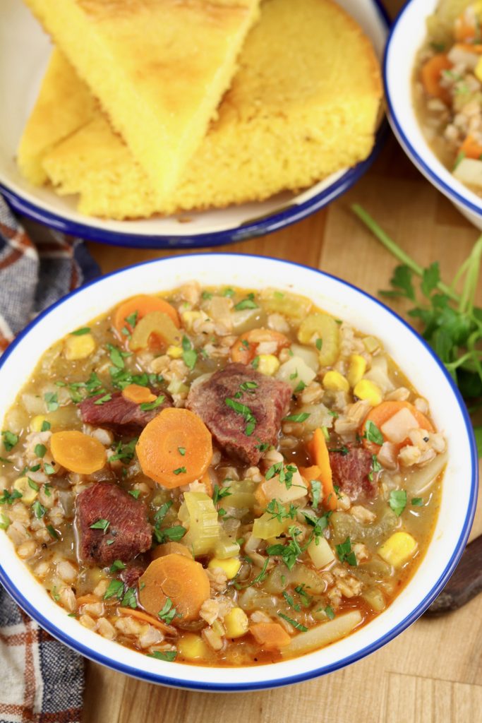 Smoked Vegetable Beef Soup is a hearty and delicious meal filled with smoked beef stew meat, chunky vegetables and farro in a flavorful broth. A comforting and delicious dinner to try this week.