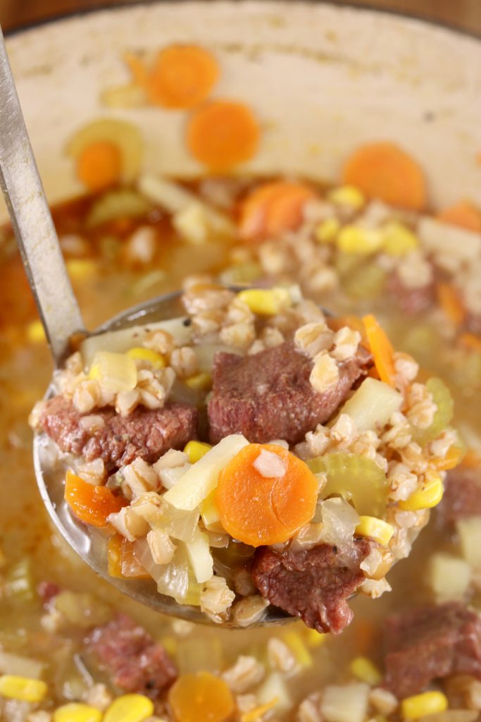 Smoked Vegetable Beef Soup is a hearty and delicious meal filled with smoked beef stew meat, chunky vegetables and farro in a flavorful broth. A comforting and delicious dinner to try this week.