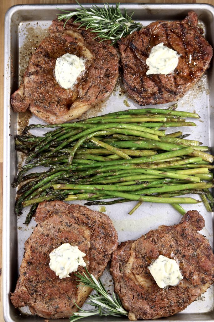 Garlic Butter Grilled Ribeyes with Asparagus