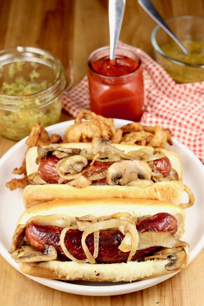 Grilled Beer Brats with Mushrooms & Onions