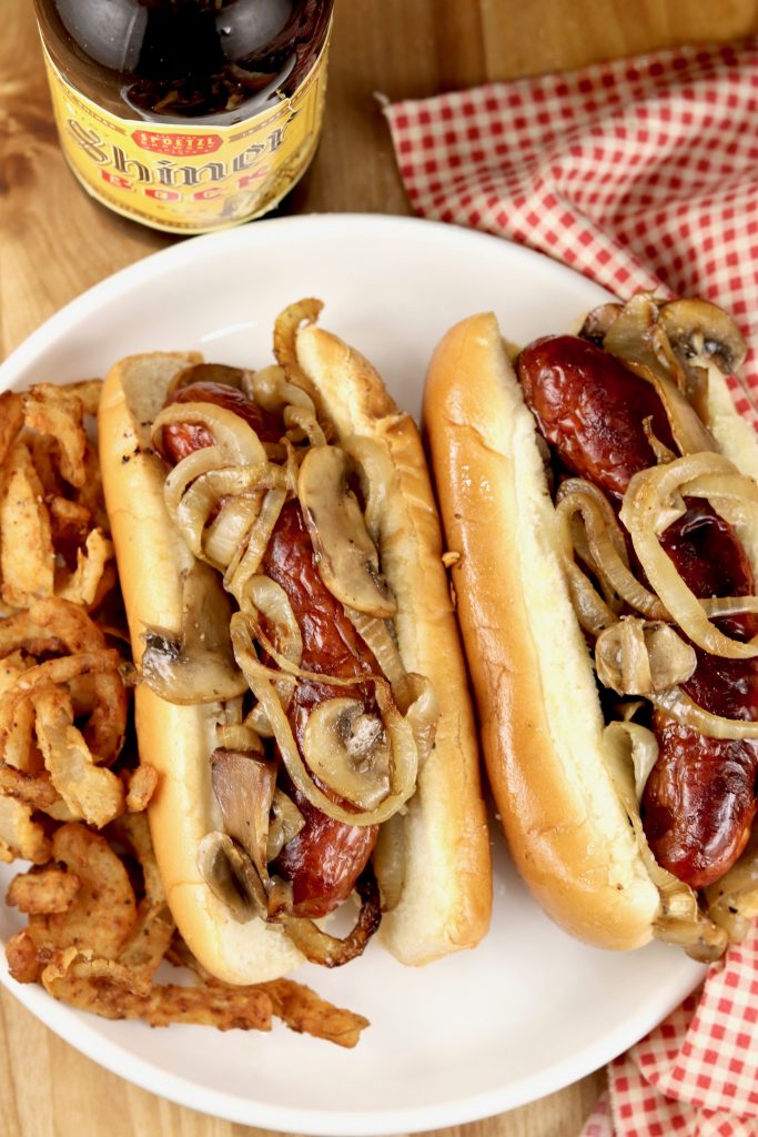 Grilled Beer Brats with onions and mushrooms