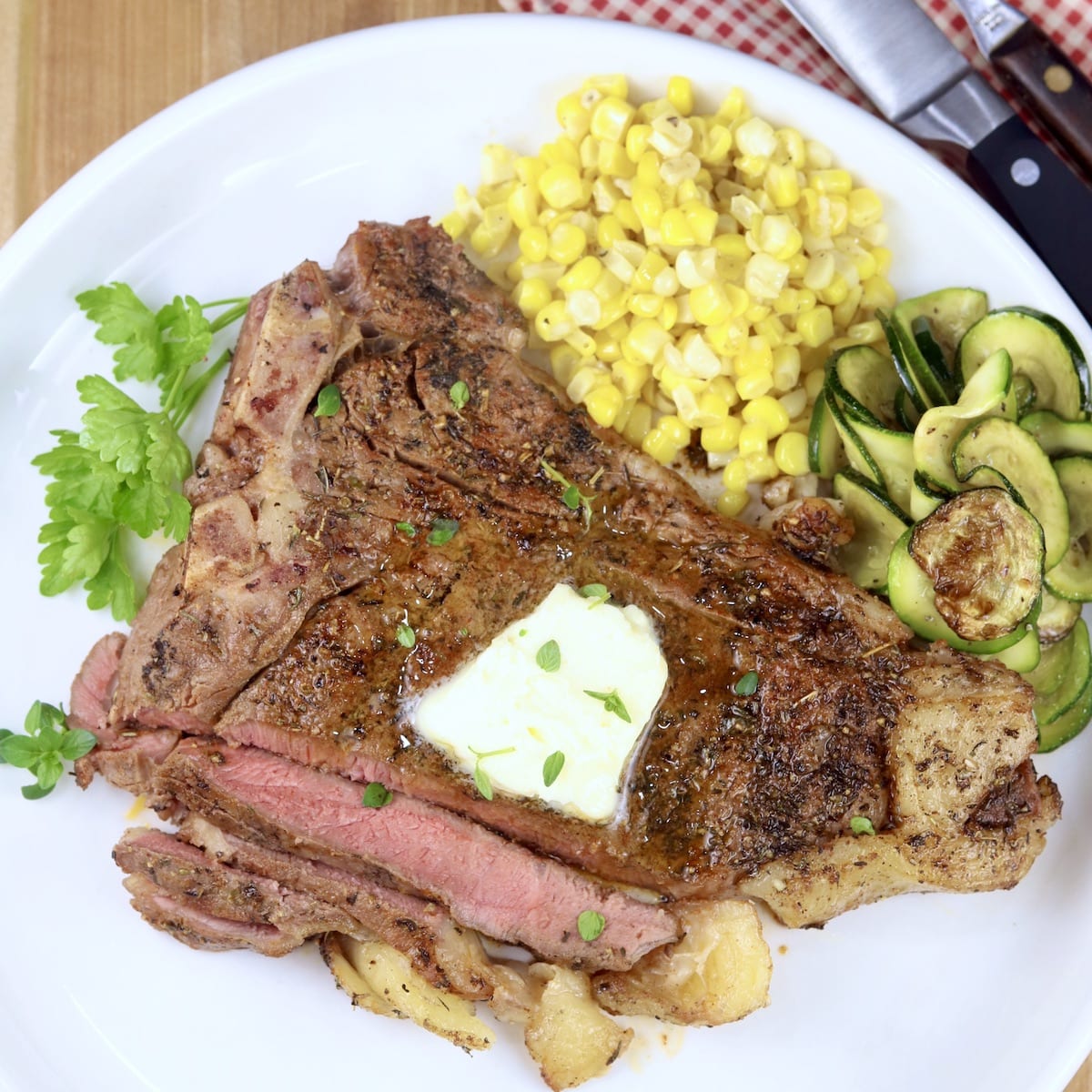 Grilled T Bone Steaks with corn and zucchini