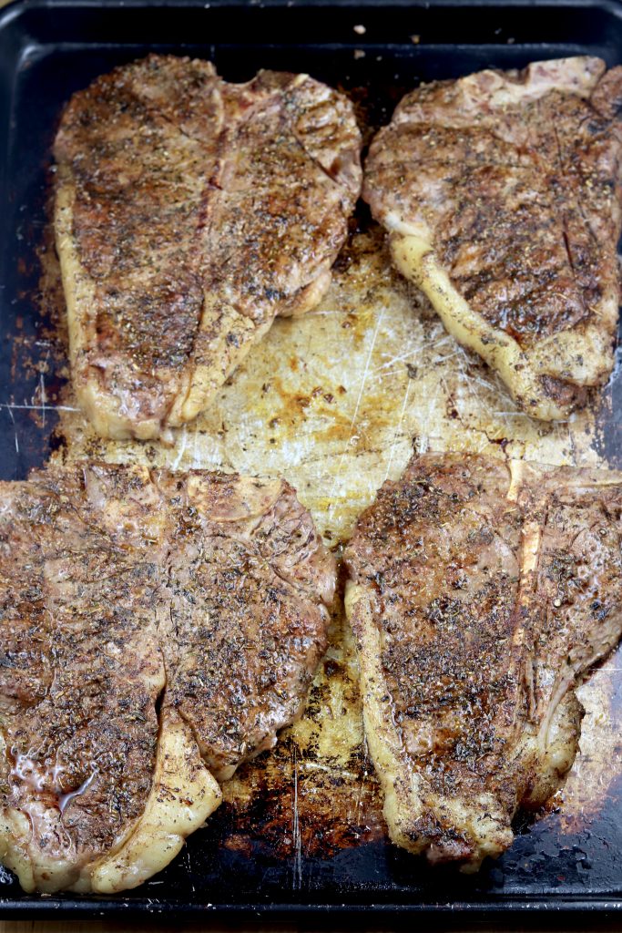 Grilled T-Bone Steaks on a sheet pan