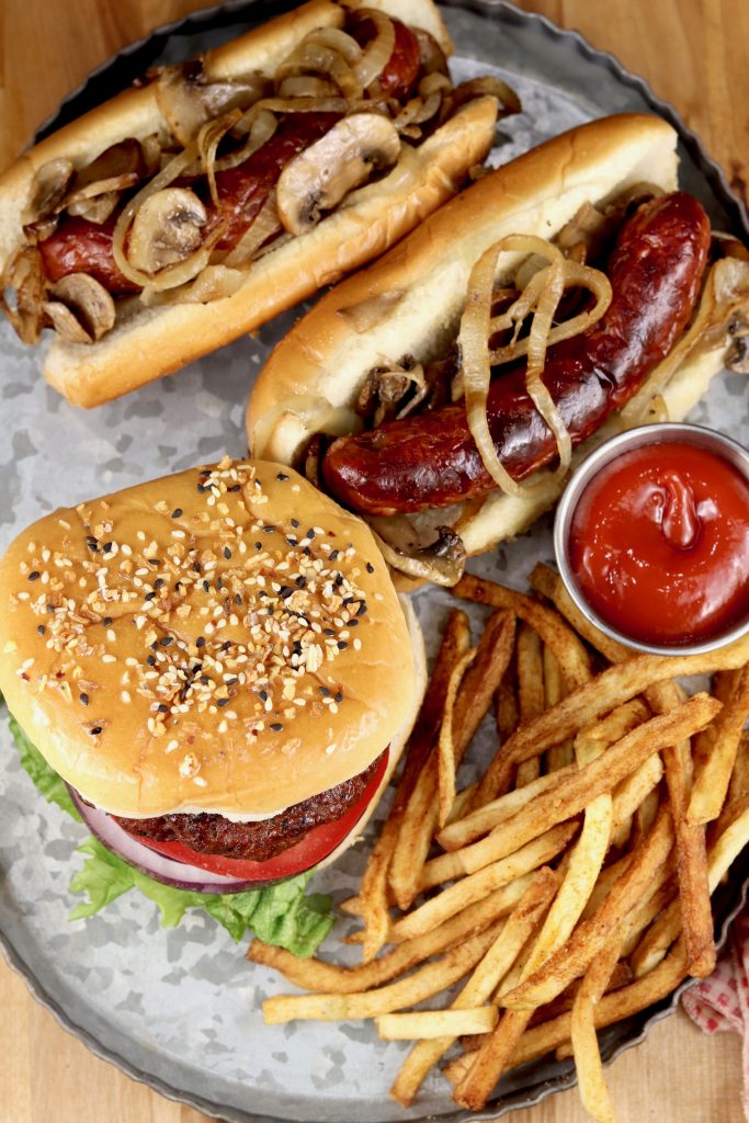Burger and Brats with fries on a platter
