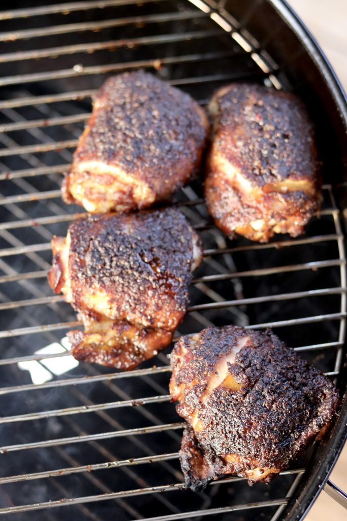 Brown sugar chicken thighs on a grill