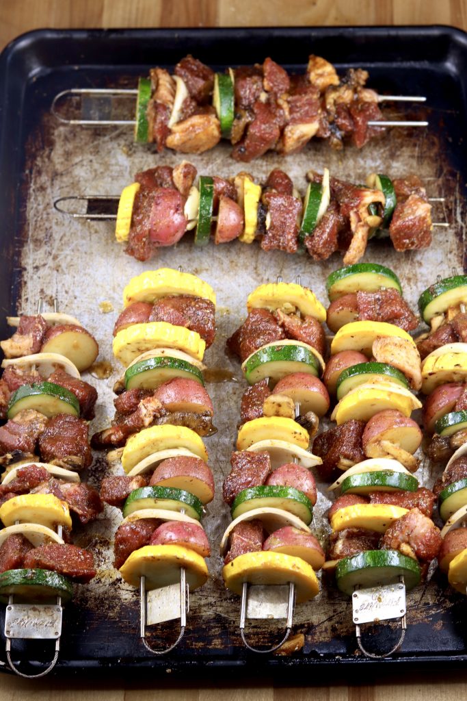Steak and Vegetable Kebabs on a sheet pan ready to grill