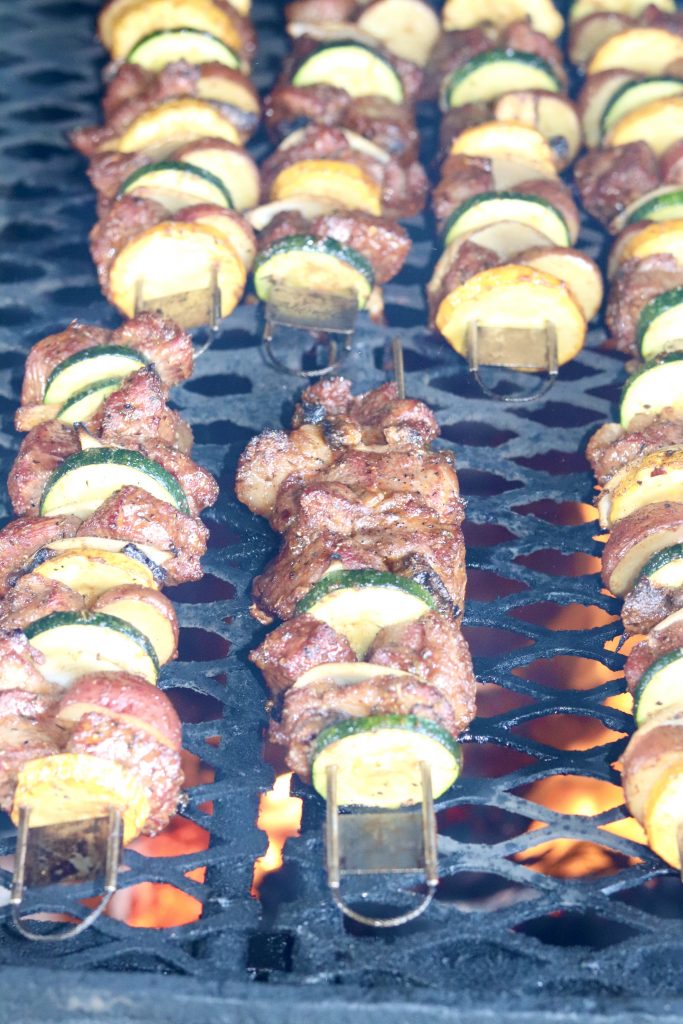 Steak and vegetable kebabs on the grill