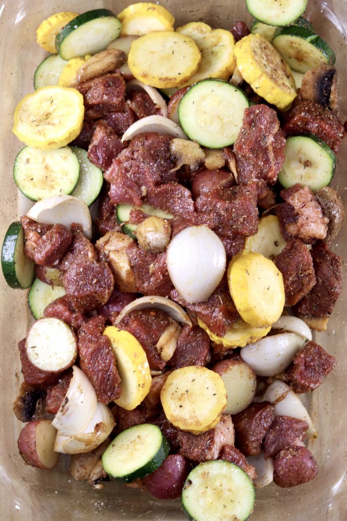 Steak & Vegetables sliced and coated with dry rub for kabobs