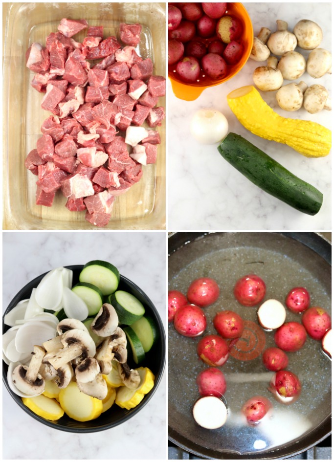 Ingredients for Kabobs: cut up sirloin, summer squash, baby potatoes, onion, mushrooms