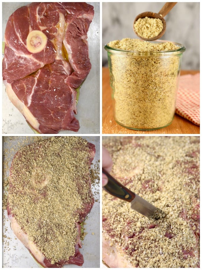 Collage - beef arm roast , Italian rub in jar, roast seasoned, and tenderizing with a knife