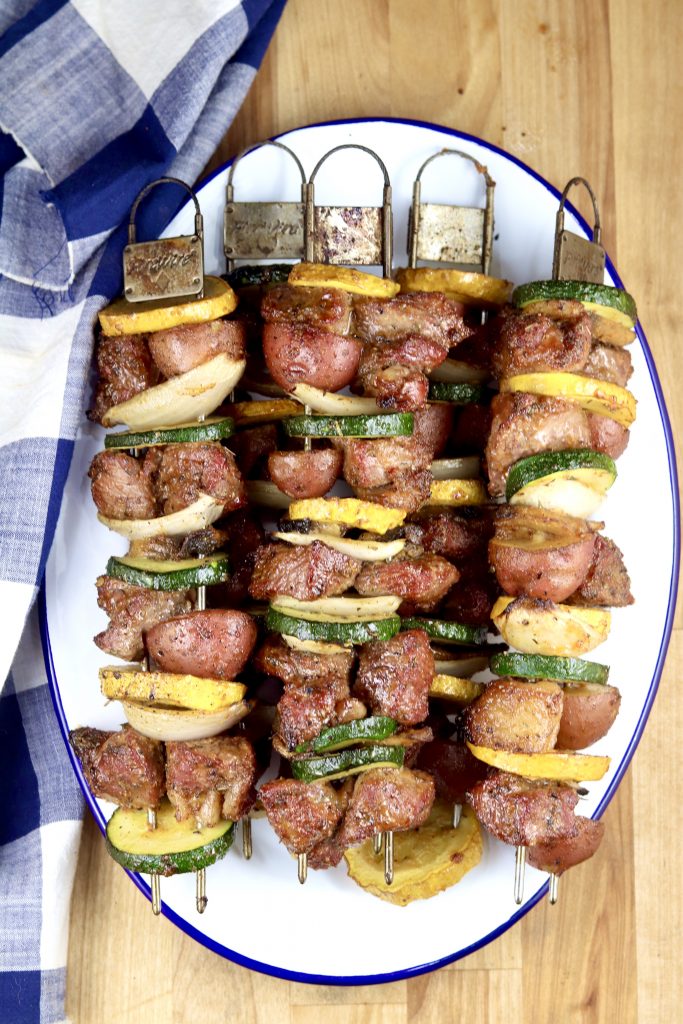 Sirloin Steak and Vegetable Kebabs on a plate