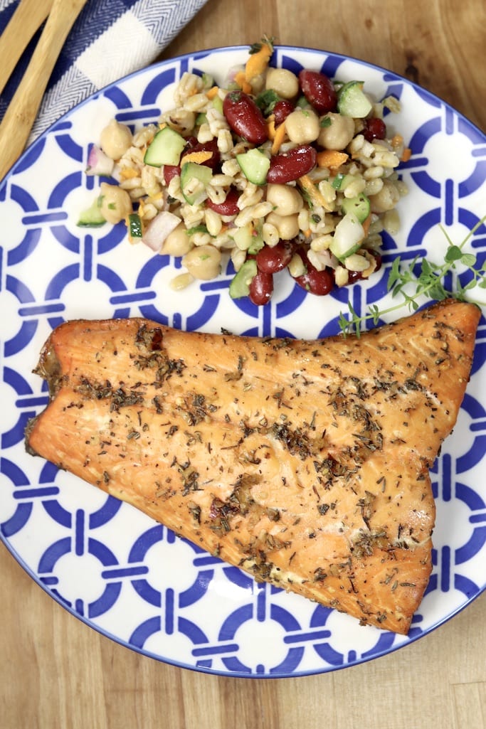 Plate of salmon filet with 3 bean salad