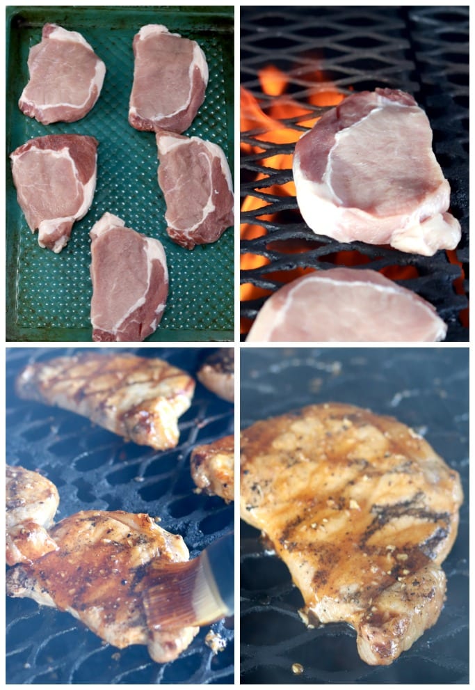Grilling pork chops collage, on a tray, on the grill, brushed with glaze, finished with grill marks