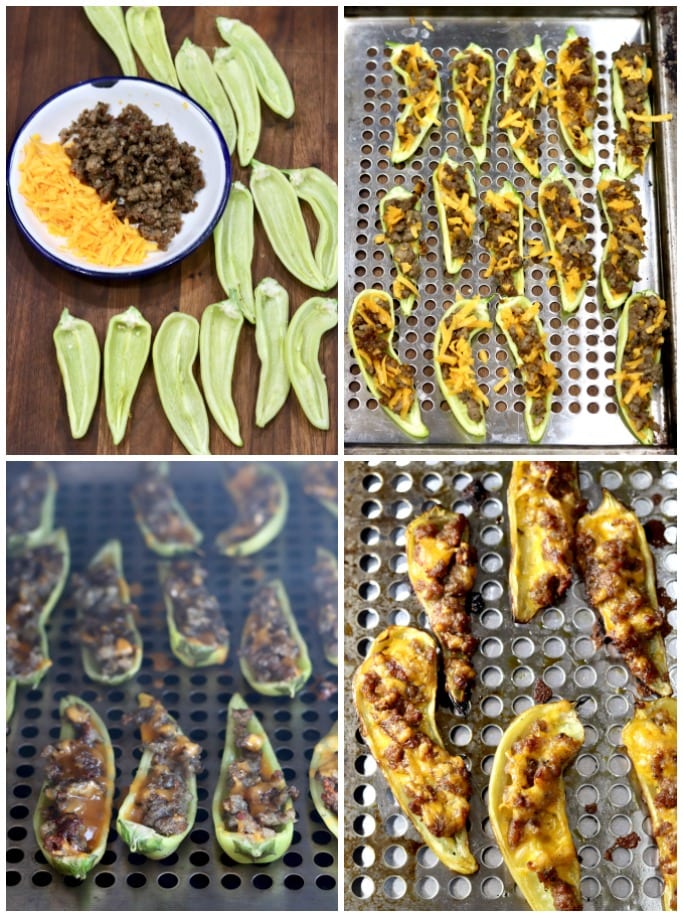 Stuffing banana peppers with sausage and cheese and grilling on a grill pan