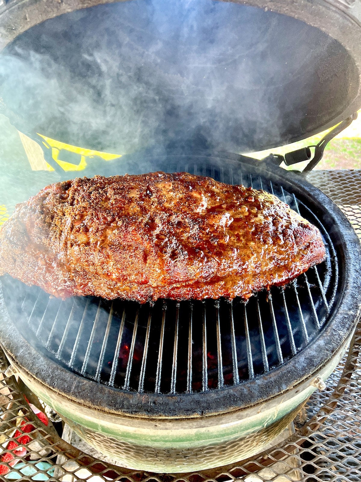 Smoking a whole brisket on a Big Green Egg grill.