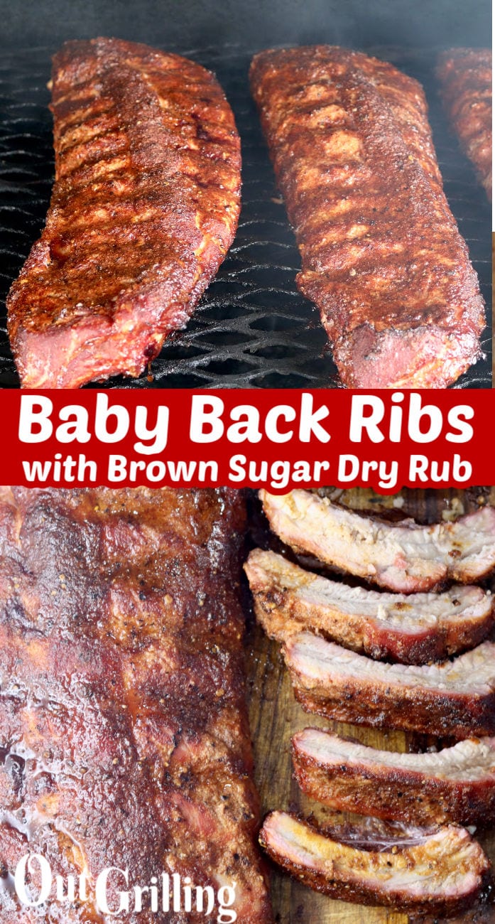 Collage with ribs on the grill and ribs on cutting board, whole and sliced - text overlay of Baby Back Ribs with Brown Sugar Dry Rub