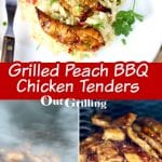 collage images - grilled chicken tenders on a platter, chicken on the grill with smoke, chicken on the grill with bbq sauce