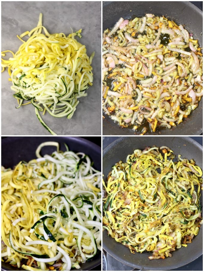 collage of zucchini noodles, a skillet with cooked peppers and onions, adding zucchini noodles to the pan and cooked 