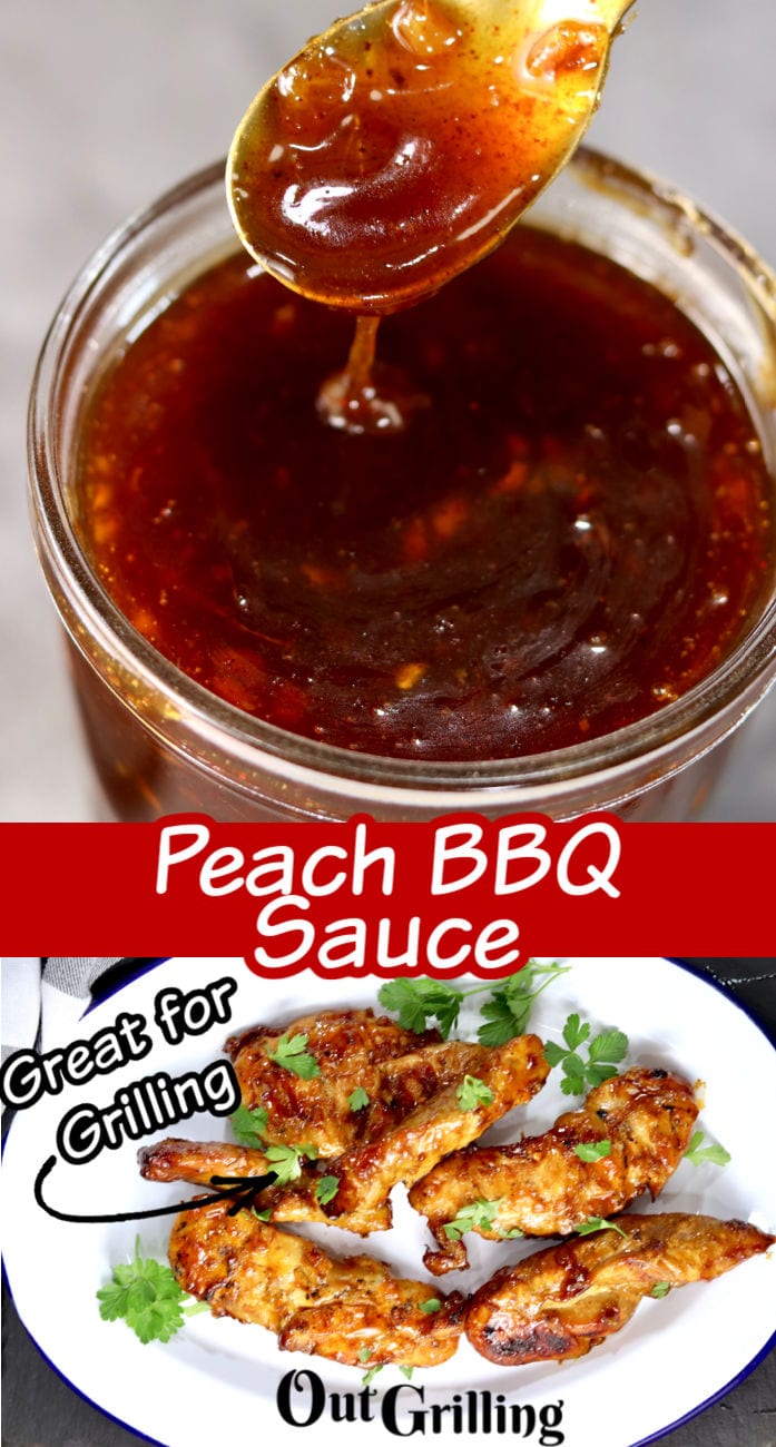 Peach BBQ Sauce collage in jar and on grilled chicken tenders