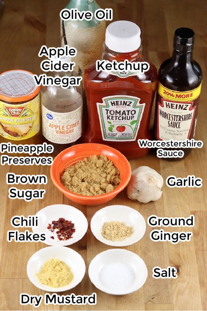 ingredients for pineapple bbq sauce with text labels