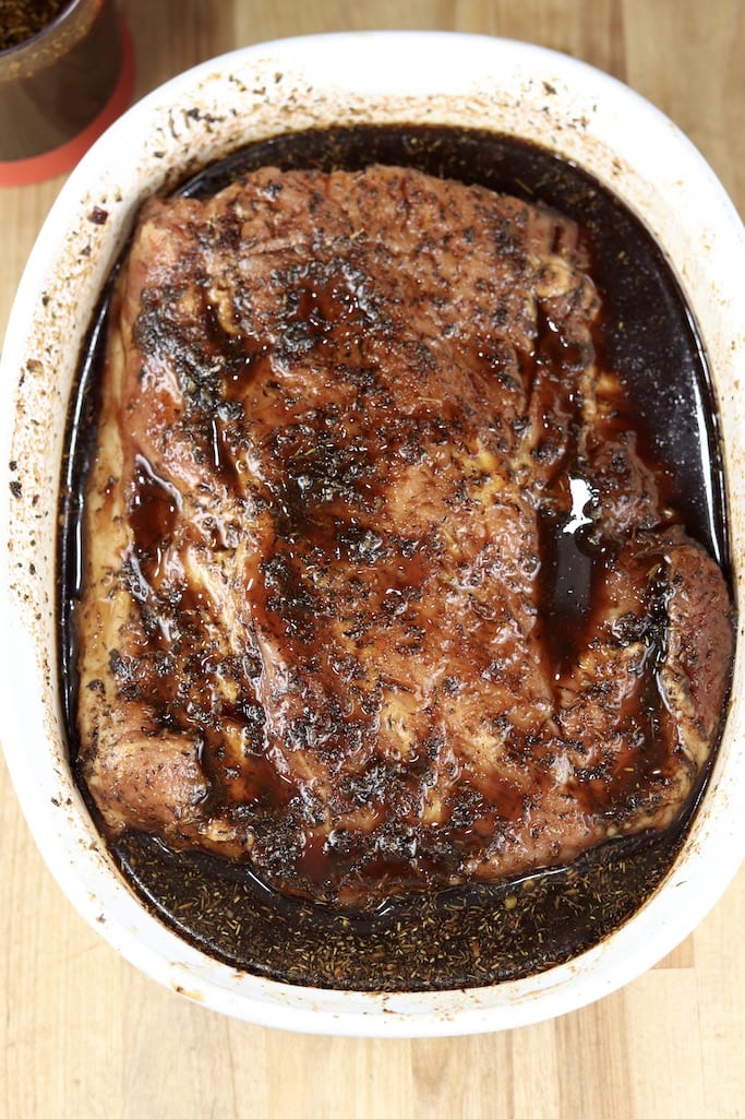 Marinated Pork Loin in a casserole dish