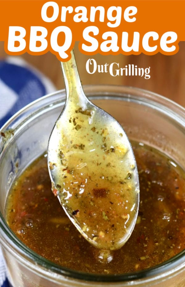 Orange BBQ Sauce text overlay - closeup of spoon dipping into jar of sauce