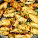 Grilled potato wedges on a platter - text overlay.