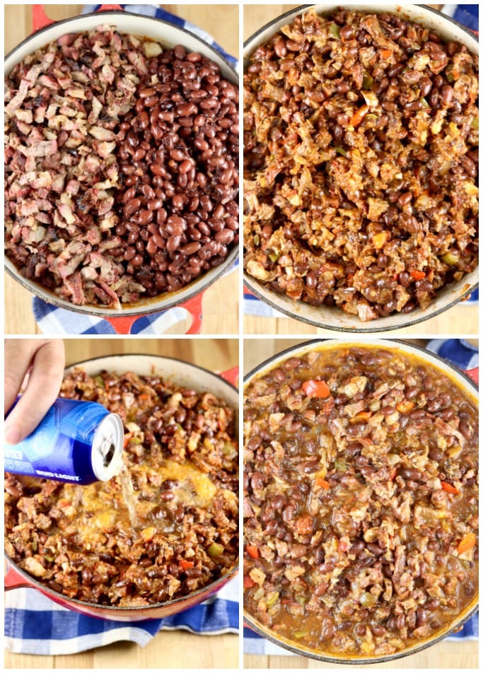 Diced beef ribs and beans, stirred into chili, adding beer, mixed together -collage