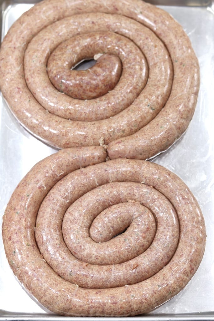 Sausage Spirals on a sheet pan ready for smoker