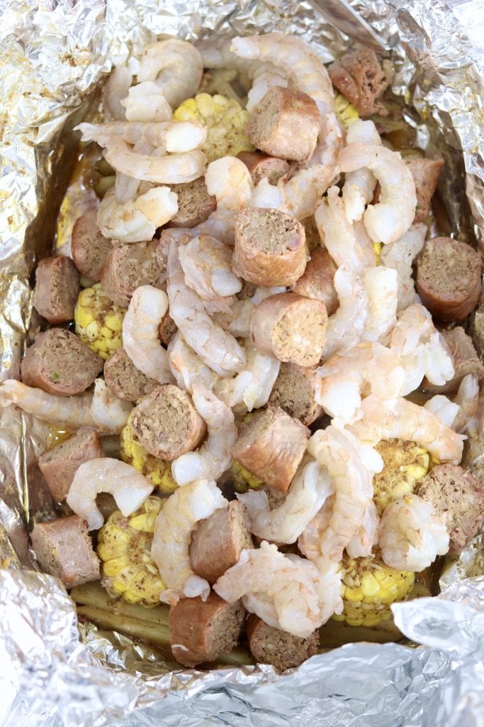 Foil packet with shrimp and smoked sausage