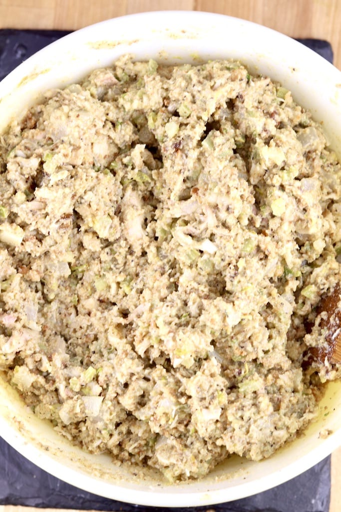 Chicken and Cornbread Dressing mixture in a bowl