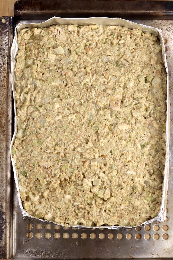 Foil pan of chicken and dressing