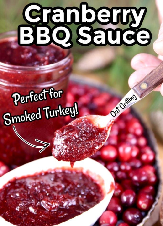 Cranberry BBQ Sauce closeup of spoonful with text overlay