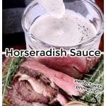 Collage horseradish sauce over prime rib on a cutting board, sliced with sauce
