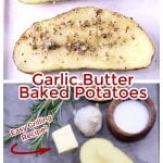 collage of garlic butter baked potatoes with rosemary, close up and ingredients photo
