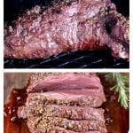 Collage of grilled beef tenderloin on the grill and sliced - text overlay
