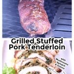 collage Grilled pork tenderloin on the grill and sliced on a platter