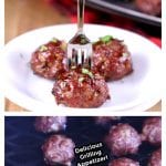 Collage of bbq meatball appetizer plated over grill photo