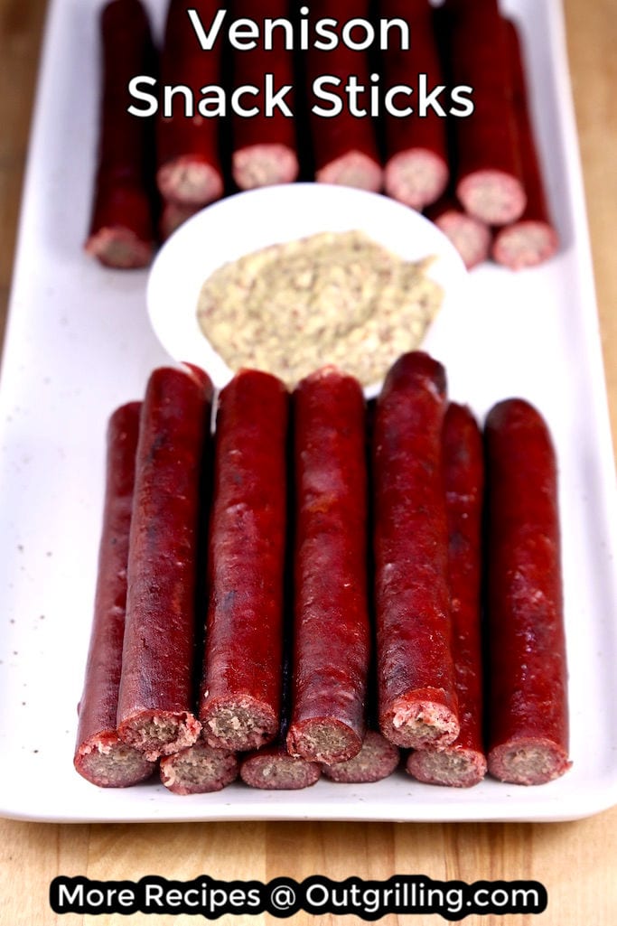 Venison Snack Sticks on a platter with mustard - text overlay