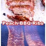 collage of peach bbq ribs, sliced and on the grill