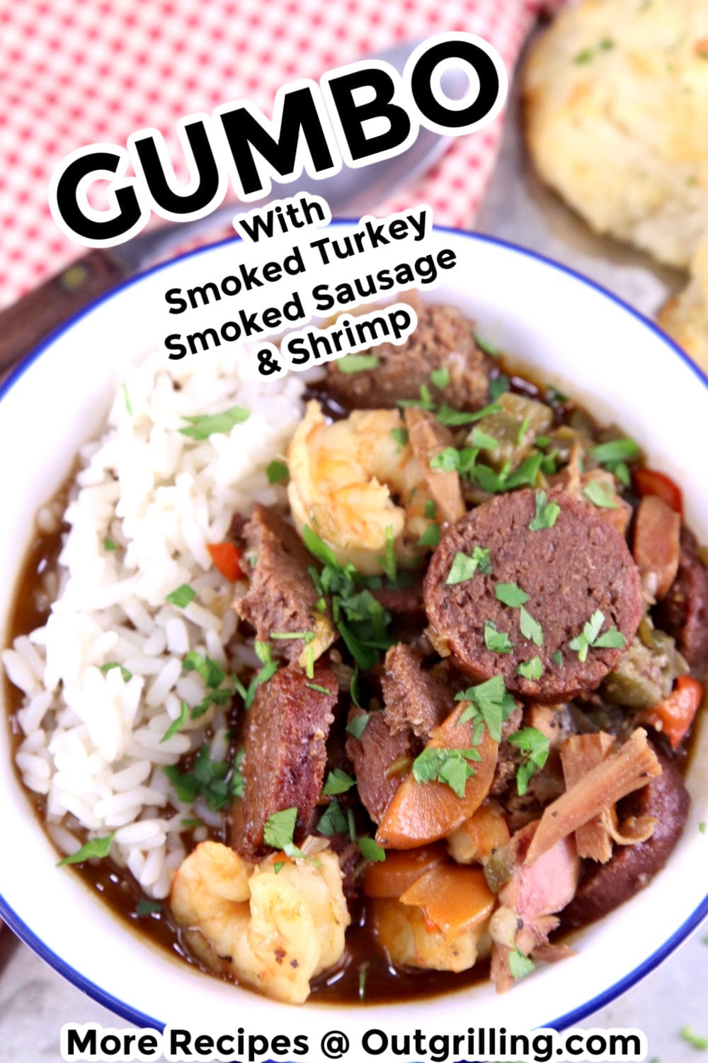 Bowl of smoked turkey gumbo with smoked sausage and shrimp. Served over rice.