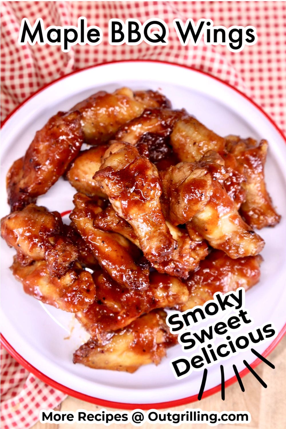 Maple BBQ Chicken Wings on a plate, red check napkin, text overlay