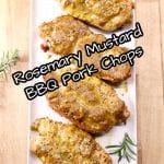 Platter of pork chops with mustard bbq sauce - text overlay