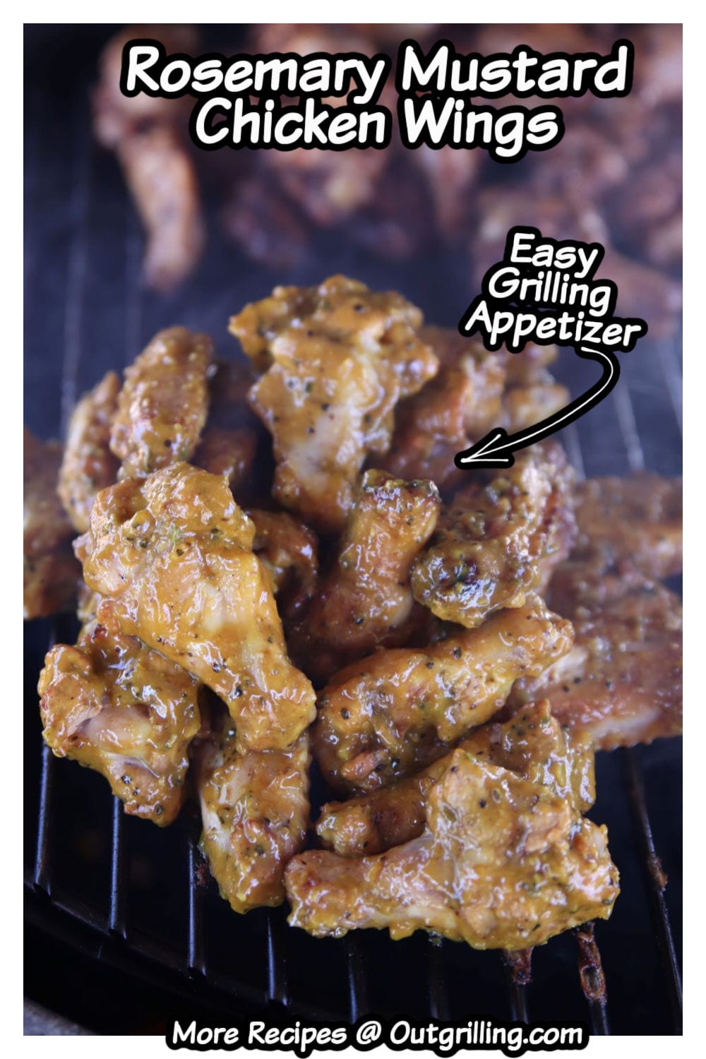 Rosemary Mustard Chicken Wings on grill with text overlay