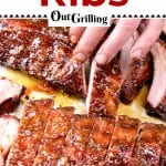 Apricot BBQ Ribs sliced on a tray, text overlay for pinterest