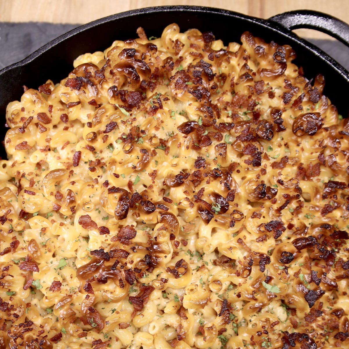 Smoked Mac and cheese in a cast iron skillet