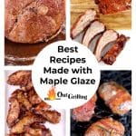 Collage of maple glazed ham, ribs, wings, pork chops. Text overlay.