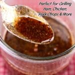 Maple glaze for grilling in a jar with a spoon. Text overlay.
