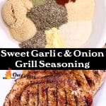 Collage: sweet garlic & onion grill seasoning in a bowl/on pork chops.